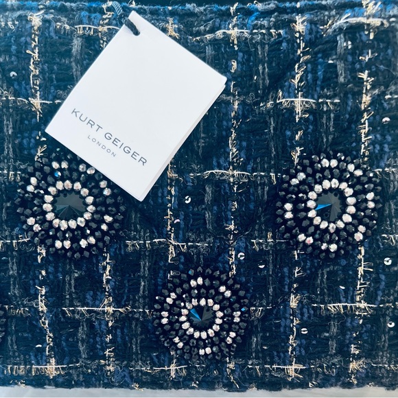 KURT GEIGER NAVY & BLACK EMBELLISHED with Gold Accent Tweed Handbag - Gold Chain - Picture 9 of 16